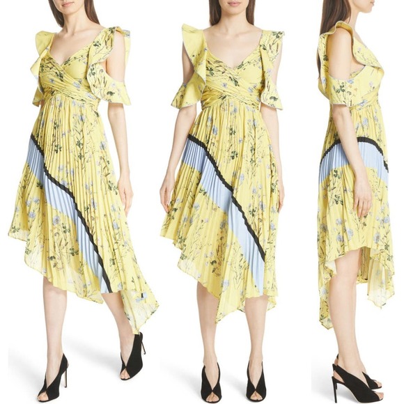 Self Portrait, NWT Yellow Floral Asymmetrical Midi Cocktail Dress, size 6 - Picture 15 of 16